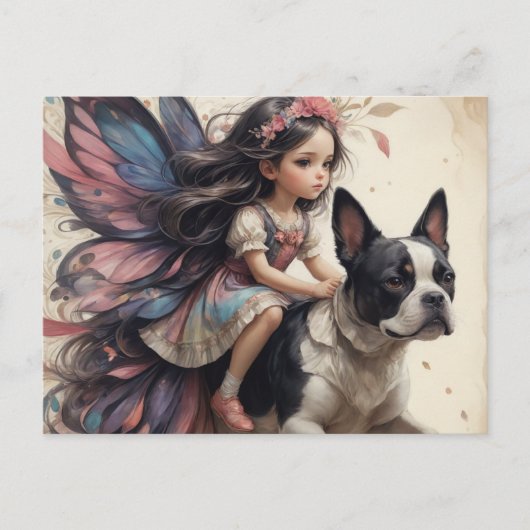 Fairy Riding een Boston Terrier Fantasy Briefkaart (Voorkant)