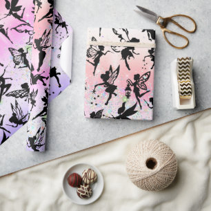 Fairy Silhouette Pattern Sparkly Rainbow Girly Cadeaupapier