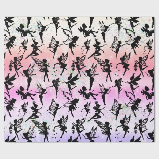 Fairy Silhouette Pattern Sparkly Rainbow Girly Cadeaupapier (Vlak)
