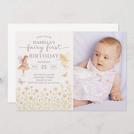 Fairy Tale 1e verjaardag uitnodiging met foto (Voorkant / Achterkant)