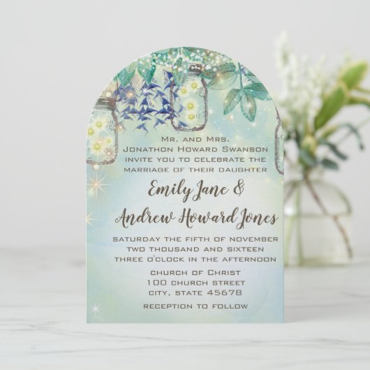 Fairy Tale Forest Blue Green Mason Jar Wedding Kaart (Staand voorkant)