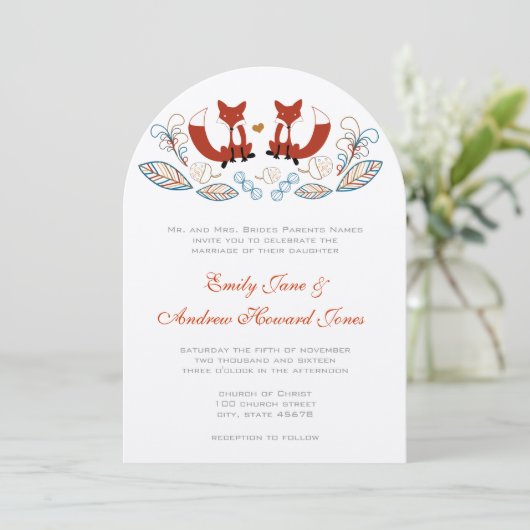 Fairy Tale Forest Fox Wedding Invitation Kaart (Staand voorkant)