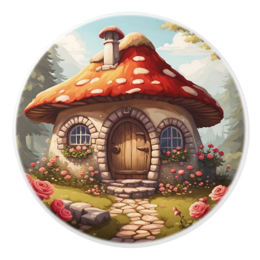 Fairy Toadstool House Keramische Knop (Voorkant)