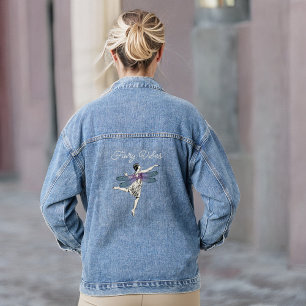 Fairy Vibes Dragonfly Vrouw Wit Paarse Aqua Denim Jacket