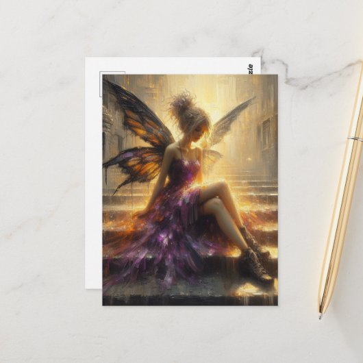 Fairy zitten op stappen briefkaart (Voorkant / Achterkant in situ)