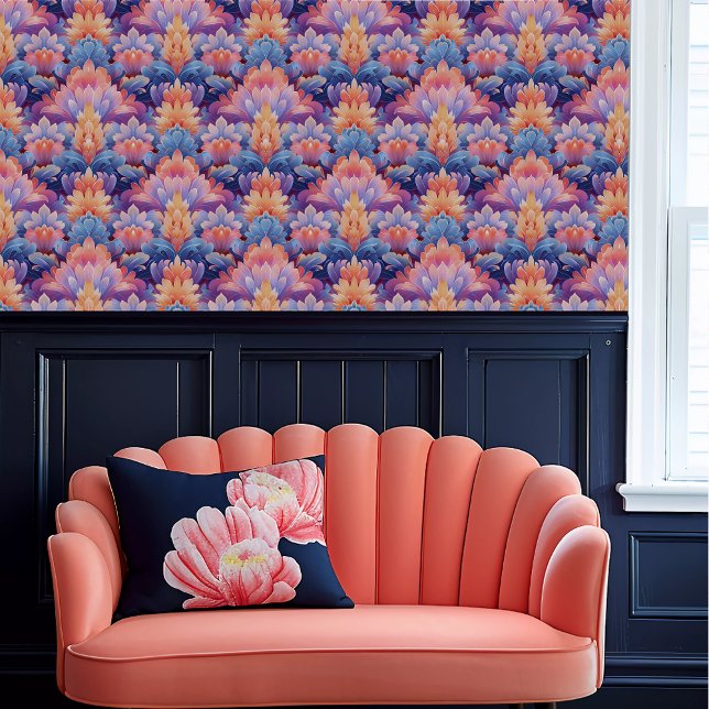 Fairycore Paarse, Sinaasappel en Blue Fauna Behang (Fairycore Purple, Orange, and Blue Fauna Wallpape above a coral scalloped sofa.)