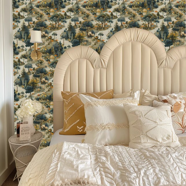 Fairycore Rood, Groen, en Beige Paddenstoelbos Behang (Fairycore Red, Green, and Beige Mushroom Forest Wallpaper behind a cream colored headboard.)
