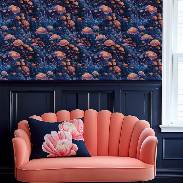 Fairycore Whimsical Coral en Blue Floral Behang (Fairycore Whimsical Coral and Blue Floral Wallpaper above a coral scalloped sofa.)