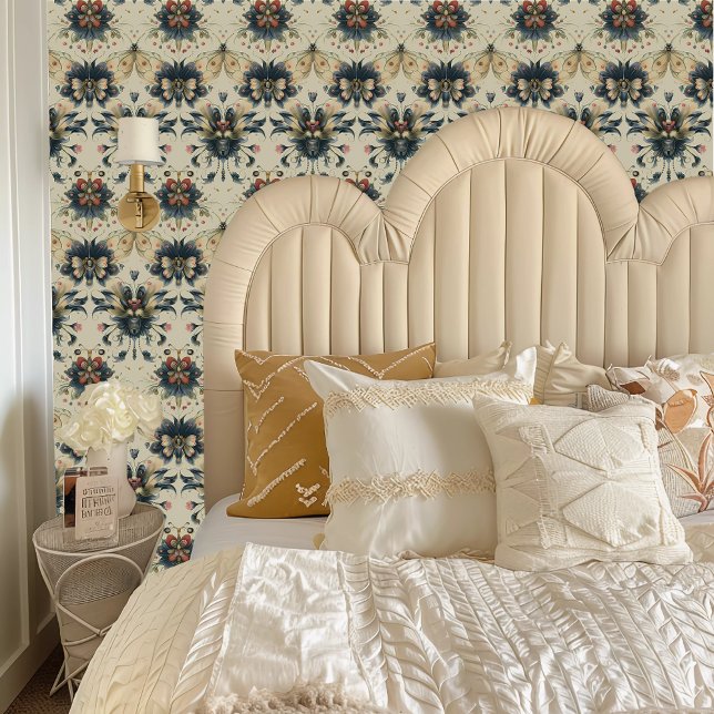 Fairycore Whimsical Flower Bugs Behang (Fairycore Whimsical Flower Bugs Wallpaper behind a cream colored headboard.)