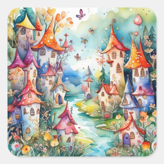 Fairyland magisch kasteel vierkante sticker (Voorkant)