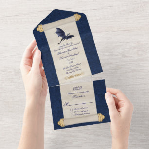 Fairytale Blue Dragon Scroll Wedding All In One Uitnodiging