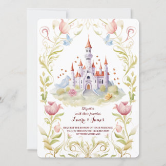 Fairytale Castle Pastel Watercolor Floral Wedding Kaart