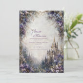 Fairytale Castle Purple Floral Misty Wedding Kaart (Staand voorkant)