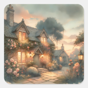 Fairytale Cottage bij zonsondergang met Rozen Vierkante Sticker