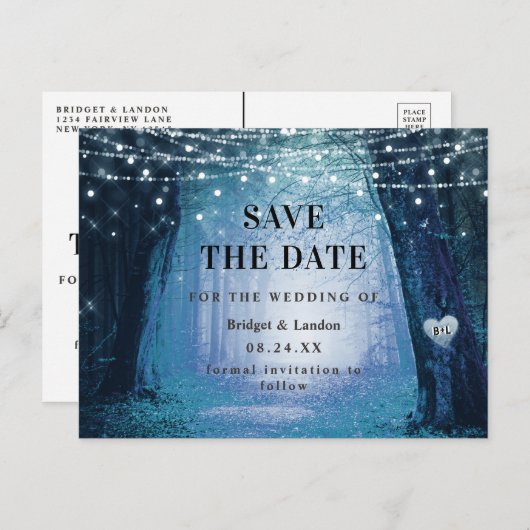 Fairytale Enchanted Forest Blue Save Date Aankondigingskaart (Voorkant / Achterkant)