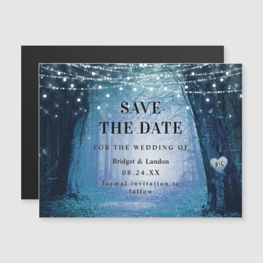 Fairytale Enchanted Forest Blue Save Date Magnetische Uitnodiging (Voorkant / Achterkant)