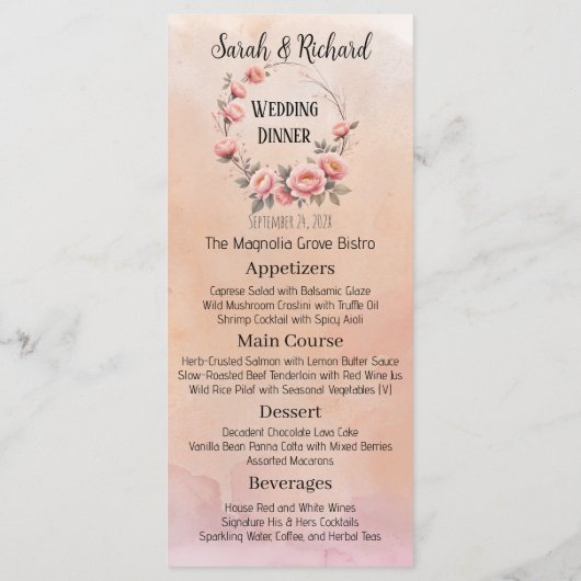 Fairytale Garden Peach Blush Floral Mariage Menu (Dos)