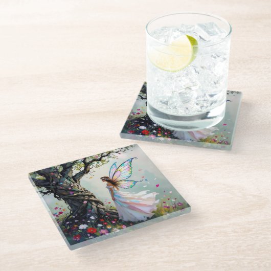 Fairytale Inspired Fairy and Whimsical Tree Glazen Onderzetter (Schuin)