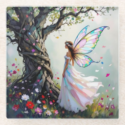 Fairytale Inspired Fairy and Whimsical Tree Glazen Onderzetter (Voorkant)