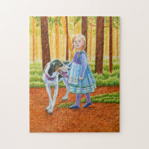 Fairytale meid met hond in het bos legpuzzel
