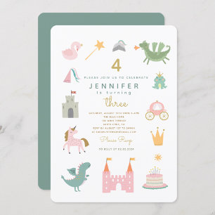 Fairytale Princess Dragon Birthday Invitation Kaart