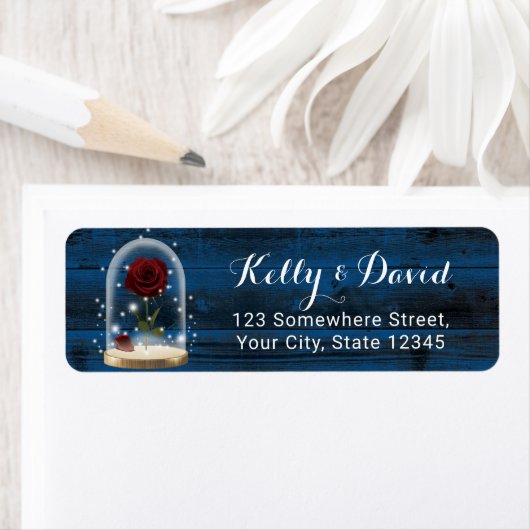 Fairytale Rustic Navy Blue Roos Dome Address Label (Insitu)