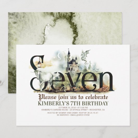 Fairytale Unicorn Dragon Magic Castle 7th Birthday Kaart (Voorkant / Achterkant)