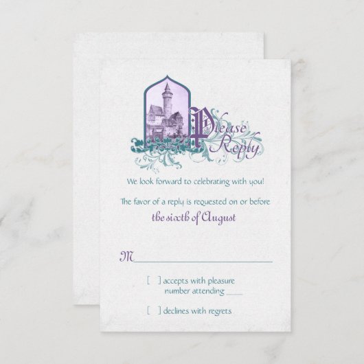 Fairytale Violet Turquoise Château Mariage RSVP (Devant / Derrière)