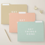 Faites faire les choses | Dossiers de fichiers Pea<br><div class="desc">Organisez-vous avec ces dossiers lumineux et festifs. Il présente des couleurs dorées,  pêche et menthe. Ces dossiers de fichiers modernes sont un moyen parfait de suivre les reçus,  les calendriers et d'autres documents importants. Vous pouvez customiser le texte en fonction de vos besoins. Faites les choses !</div>