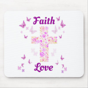 Faith and Love Cross of Rozen with Pink Butterflie Muismat