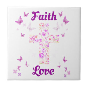 Faith and Love Cross of Rozen with Pink Butterflie Tegeltje