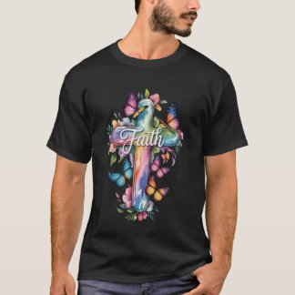 Faith Cross Butterflies Floral Religious Christ Fl T-shirt