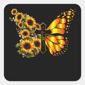 Faith Cross Sunflower Butterfly Christian Vierkante Sticker