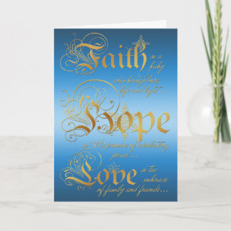 Faith, Hope, Love Blue en Gold Christmas Kaart