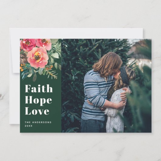Faith Hope Love | Groene religieuze kerstfoto Feestdagenkaart (Voorkant)