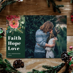 Faith Hope Love Groene religieuze kerstfoto Feestdagenkaart