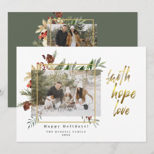 Faith Hope Love Three Photo Floral Kerstmis Feestdagenkaart