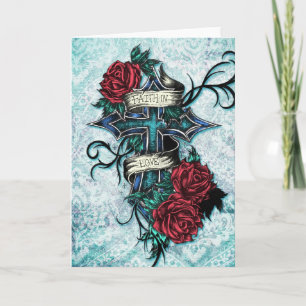 Faith in Love kruis en rozen in tattoo stijl. Kaart