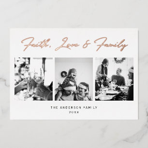 Faith Love Familie. Manuscript Religieuze Kerstgou Folie Feestdagenkaart