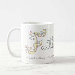 Faith-naam die decoratieve F-monogram-mok betekent Koffiemok