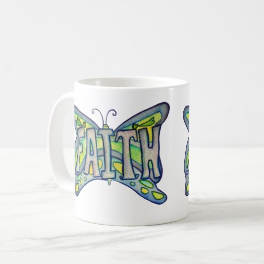 Faith Word Art Blauwe Vlinder Vleugels Koffie Cup Koffiemok (Voorkant links)