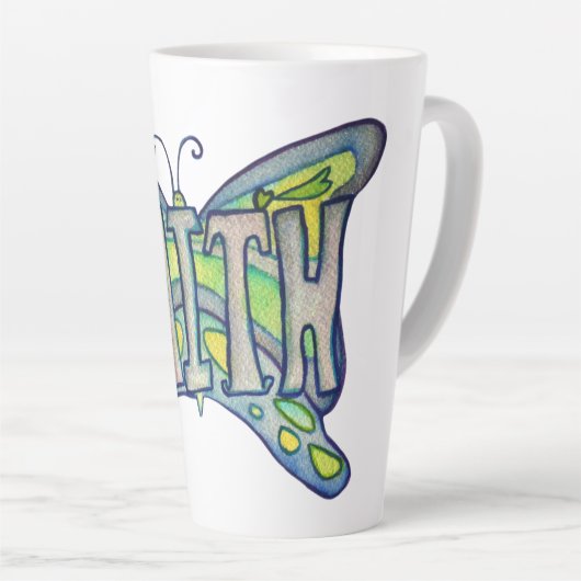 Faith Word Art Blauwe Vlinder Vleugels Latte Mok C (Rechterhoek)