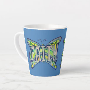 Faith Word Art Blauwe Vlinder Vleugels Latte Mok C