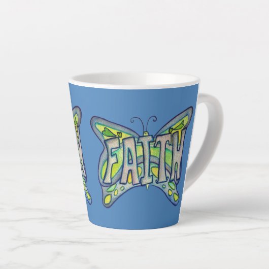 Faith Word Art Blauwe Vlinder Vleugels Latte Mok C (Rechterhoek)
