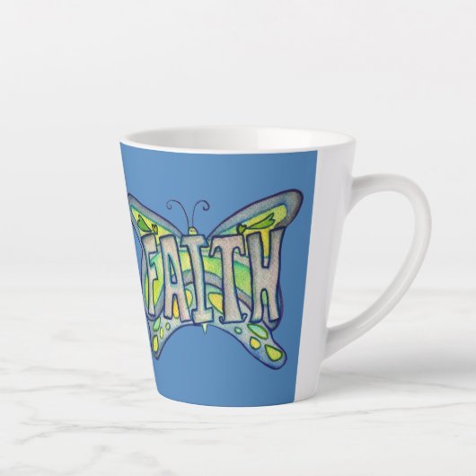 Faith Word Art Blauwe Vlinder Vleugels Latte Mok C (Rechts)