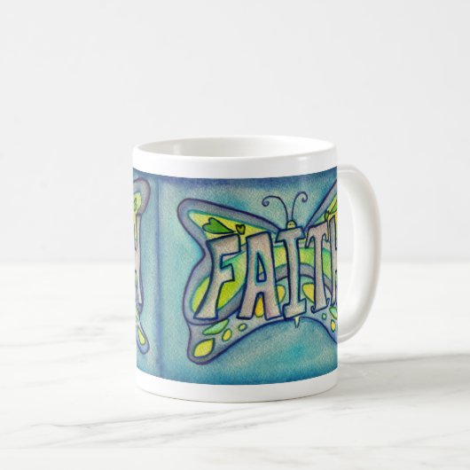 Faith Word Art Blue Butterfly Wings Coffee Mug (Devant droit)