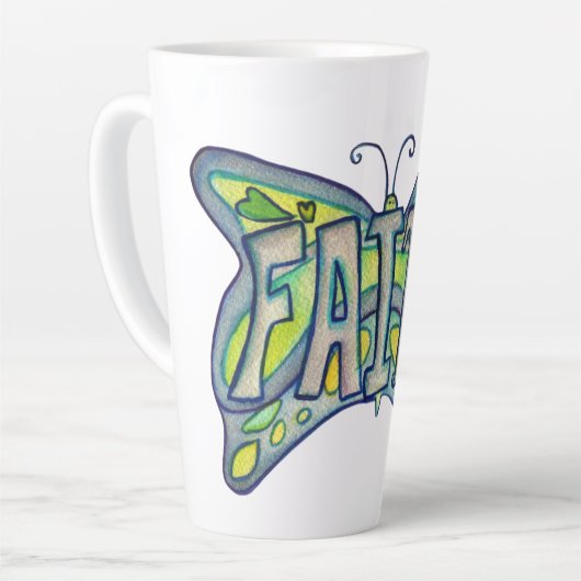 Faith Word Art Blue Butterfly Wings Latte Mug Cup (Angle gauche)