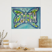 Faith Word Blue Butterfly Art Print Posters (Keuken)