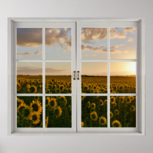 Fake Window Floral Zonnebloem Sunset landschap Poster
