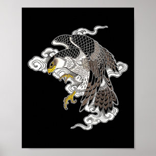 Falcon Hawk Flying X Japanese Clouds Tattoo Flash Poster